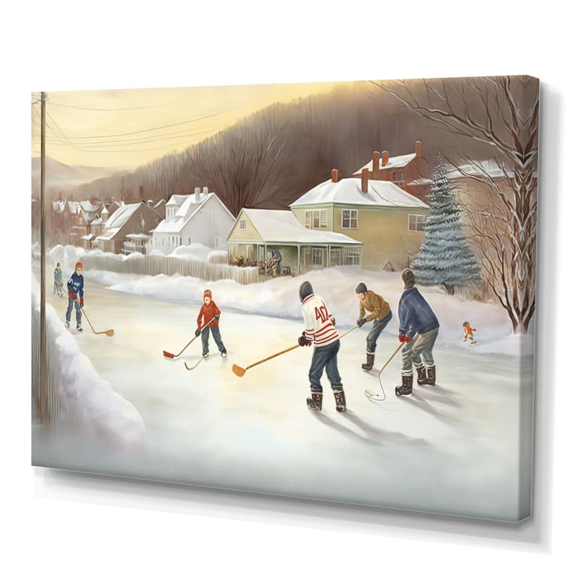 Designart Kids Playing Hockey In Winter IV Canvas Wall Art, 40-in x 30-in