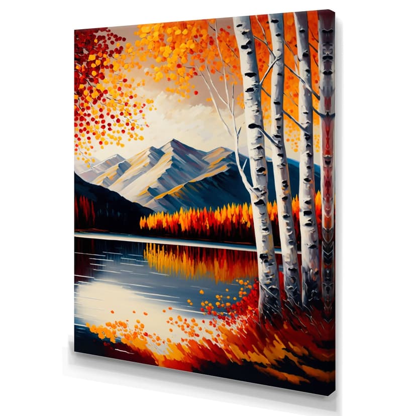 Designart Red & Orange Birch Trees By The Lake V Canvas Wall Art, 12-in x 20-in