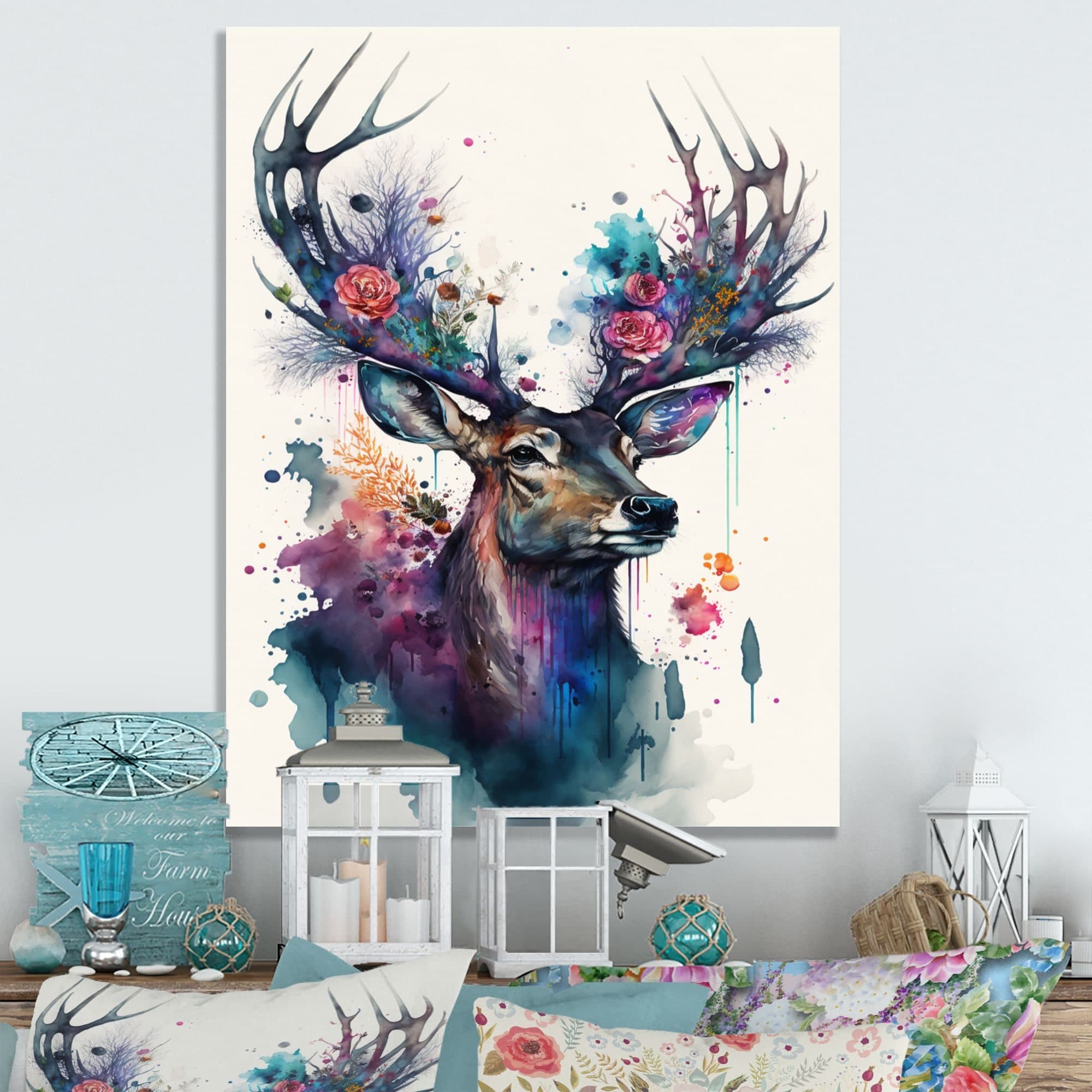 Designart Cute Deer Floral Art II Canvas Wall Art, 24-in x 32-in