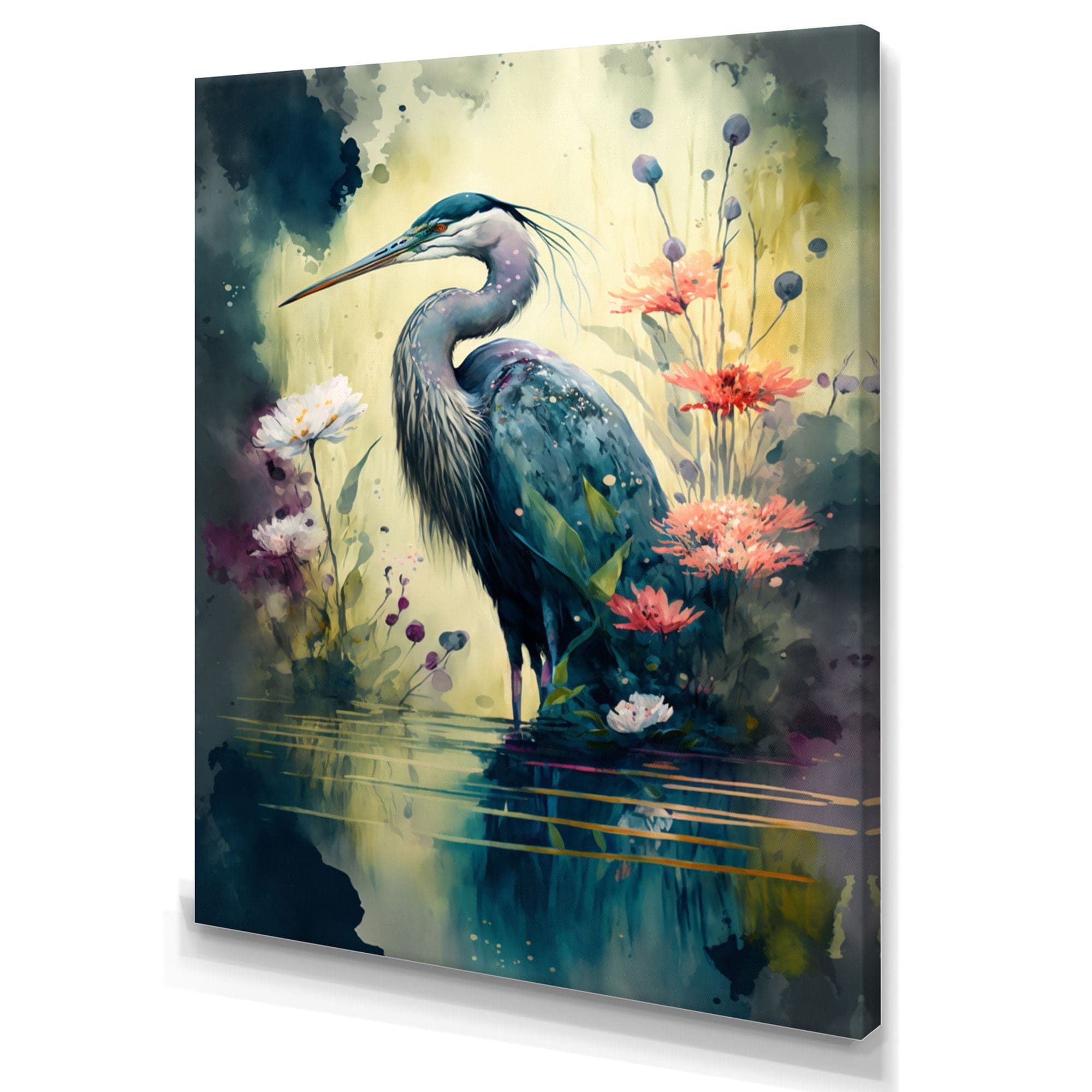 Designart Cute Heron Floral Art I Canvas Wall Art, 24-in x 32-in