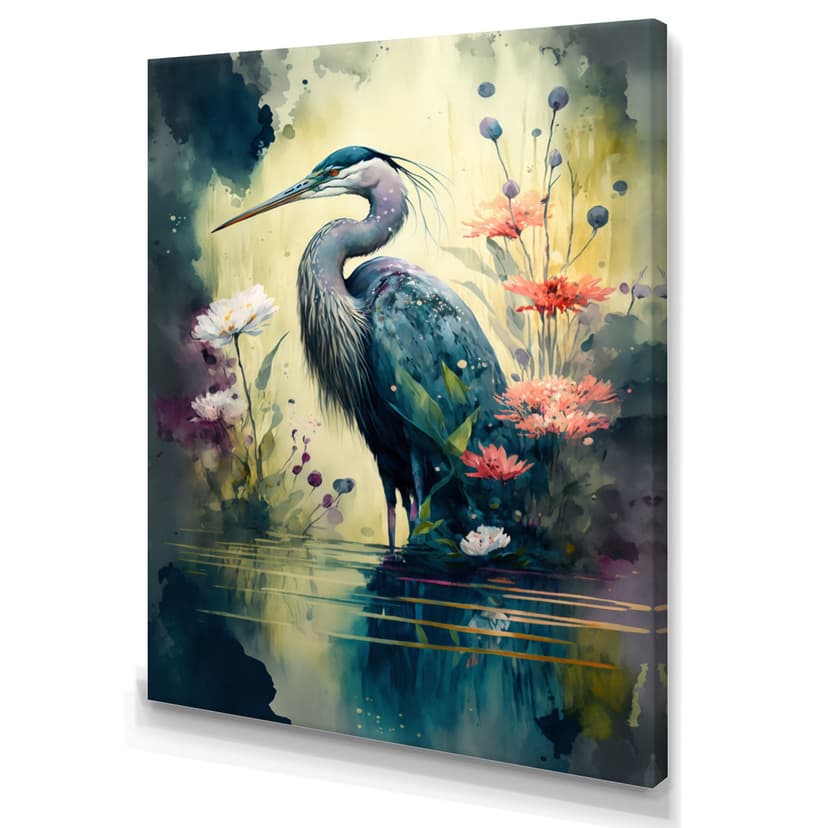 Designart Cute Heron Floral Art I Canvas Wall Art, 24-in x 32-in