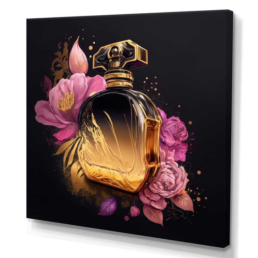 Designart Chic Black & Gold Perfume Bottle V Canvas Wall Art, 16-in x 16-in