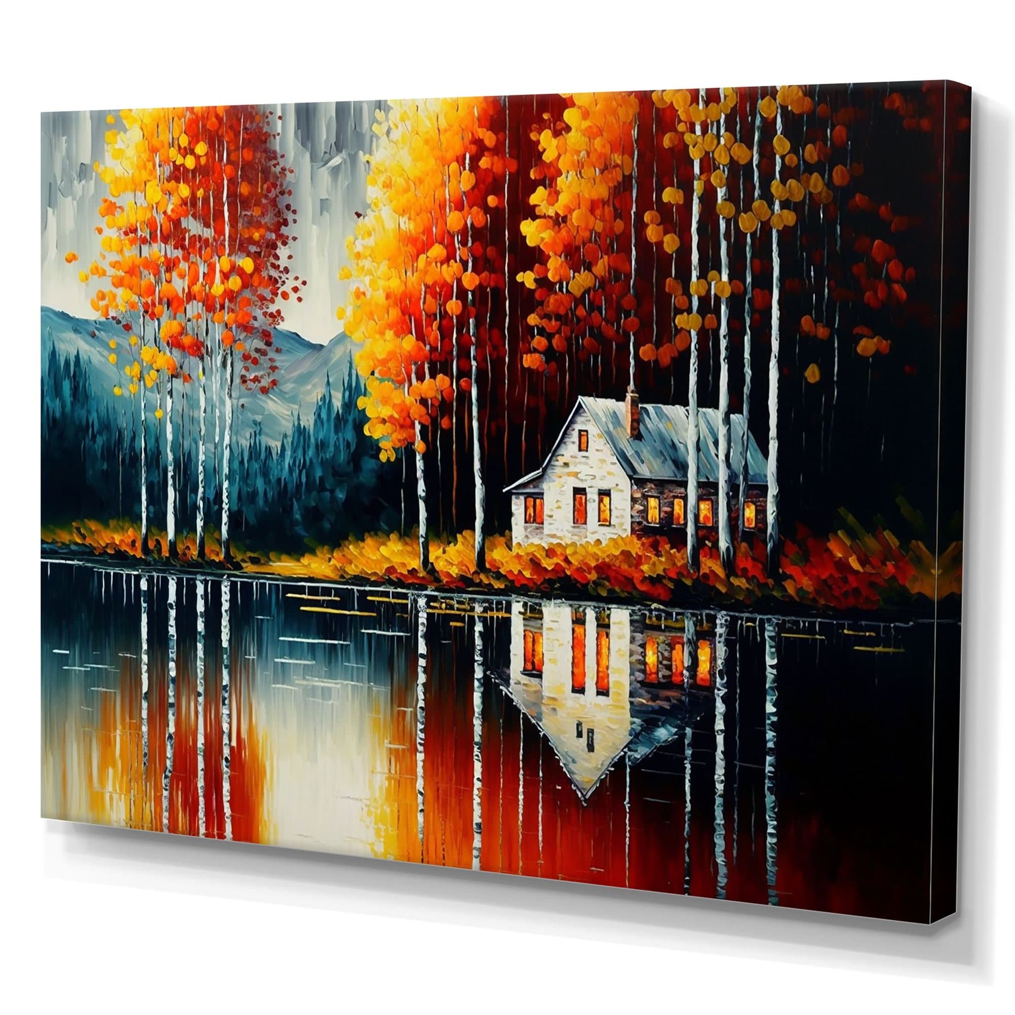 Designart Red & Orange Lake House with Birch Trees Canvas Wall Art, 40-in x 30-in