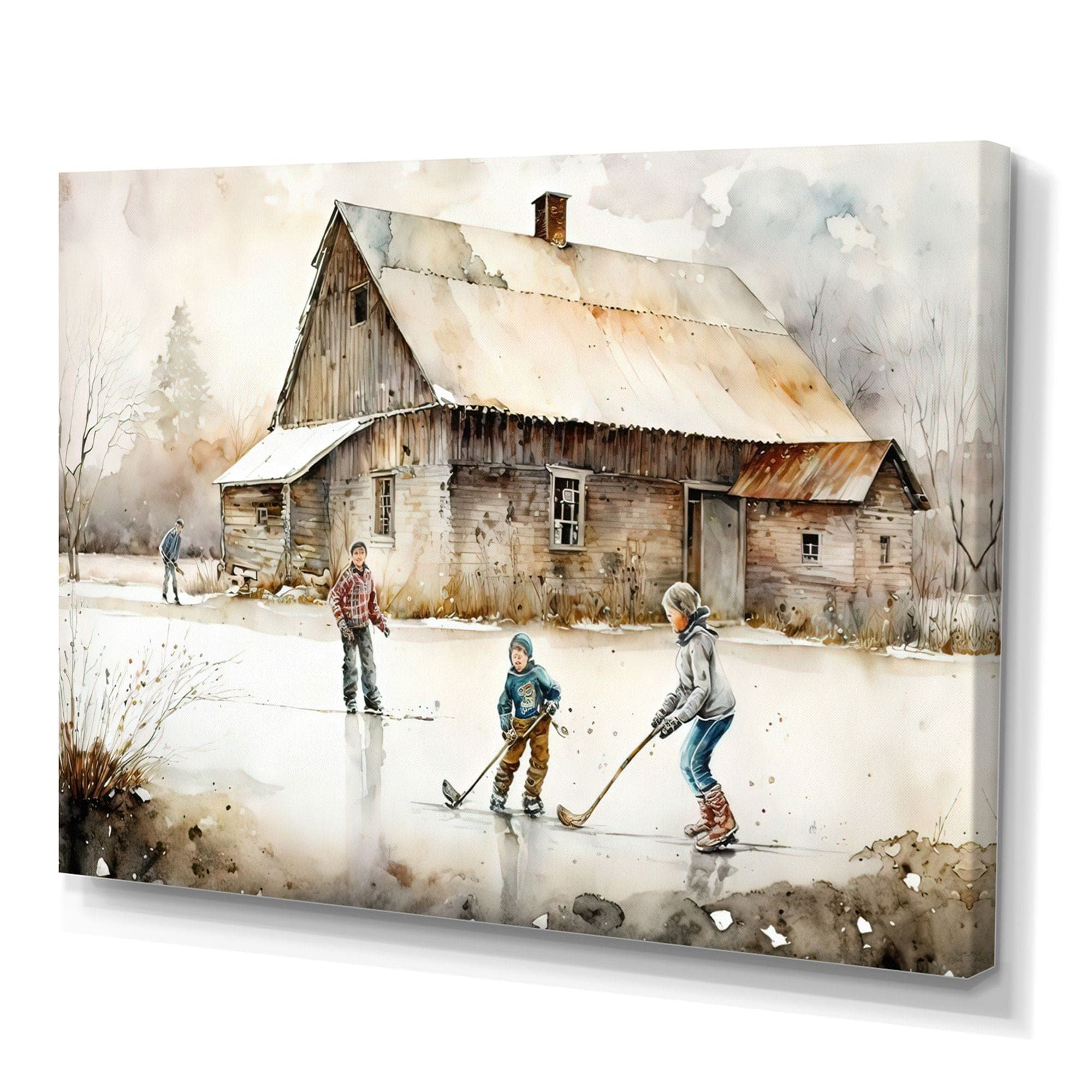 Designart Boys Playing Hockey At Cabin IV Canvas Wall Art, 32-in x 24-in