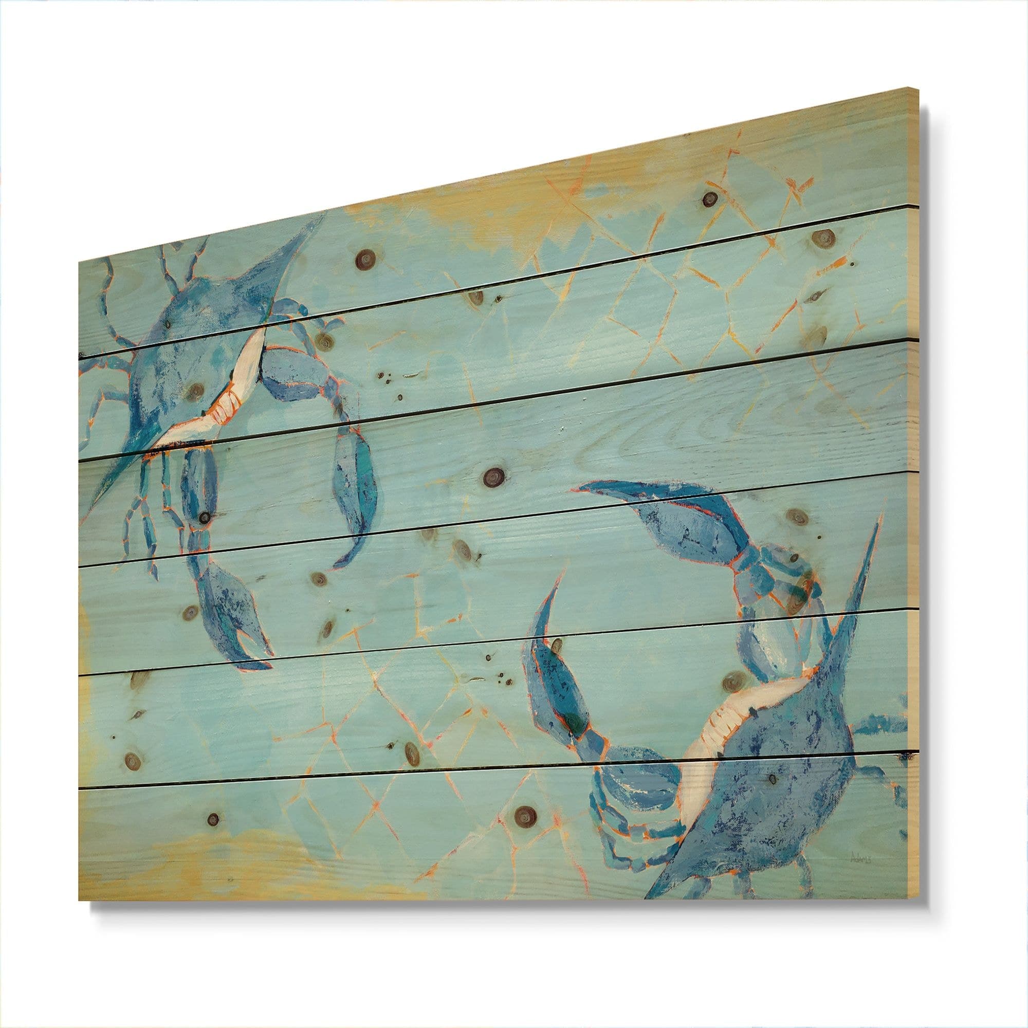 Designart 'Crab Battle' Coastal Canvas Print Wall Art on Natural Pine Wood, 20-in x 15-in
