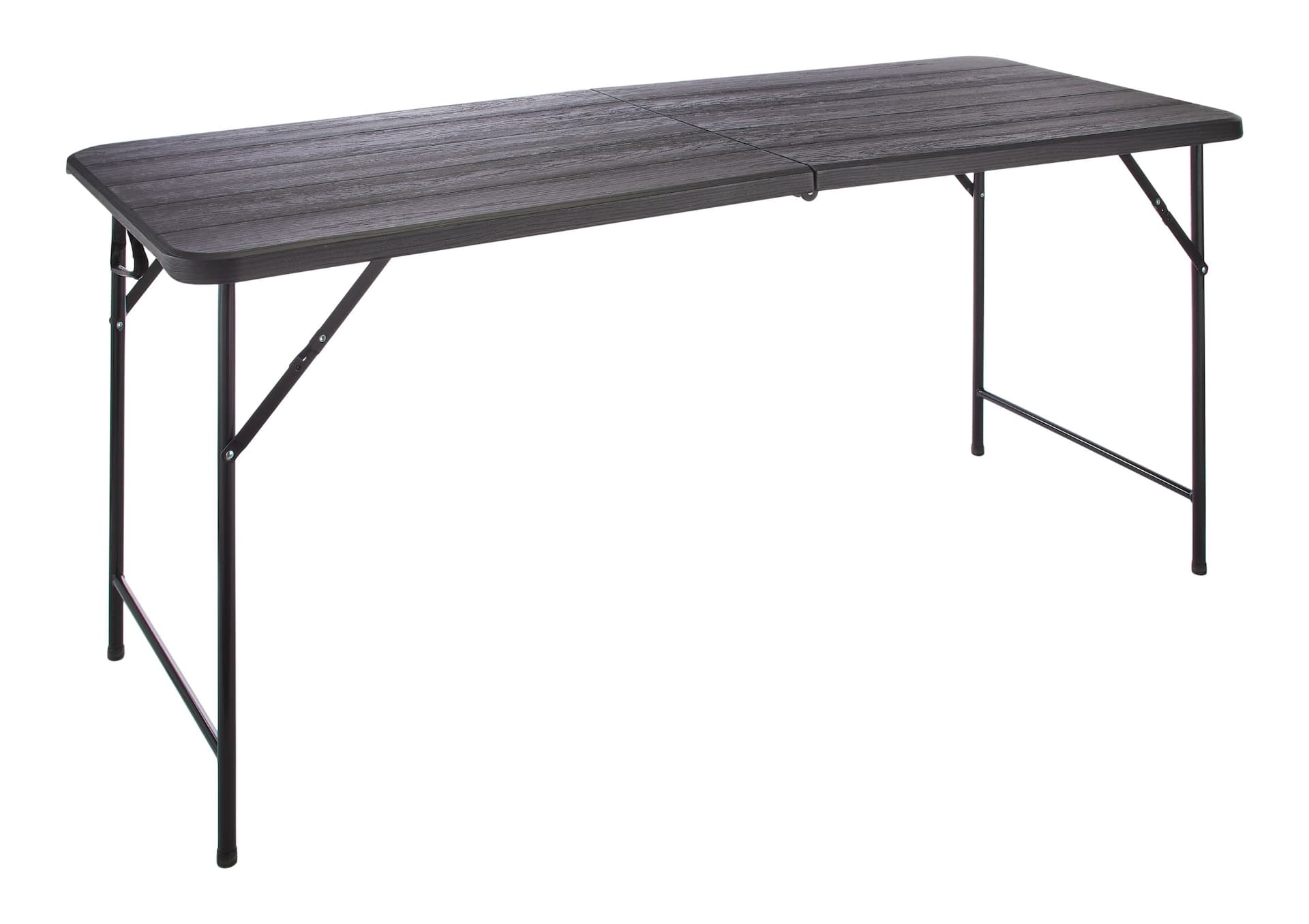 For Living Woodgrain Folding Table, Plastic/Steel, Black, 6-ft