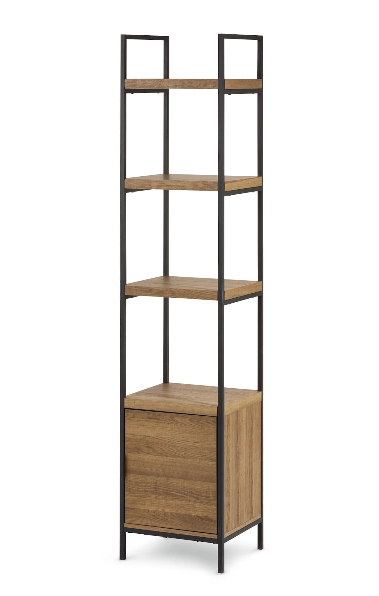 CANVAS Robson 4-Tier Metal Frame Narrow Bookcase With Storage Door, Oak Finish