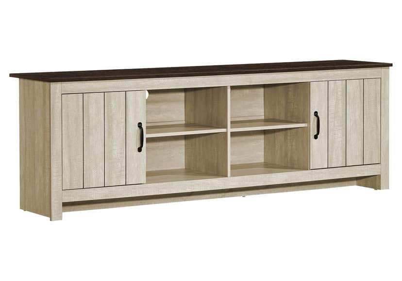 Monarch Nova Two-Tone 2-Door TV Stand with 4 Open Storage Shelves, Light Beige/Dark Oak, 72-in