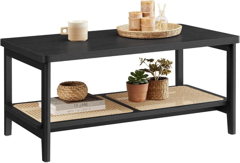 Songmics Home Black Coffee Table with PVC Rattan Shelf