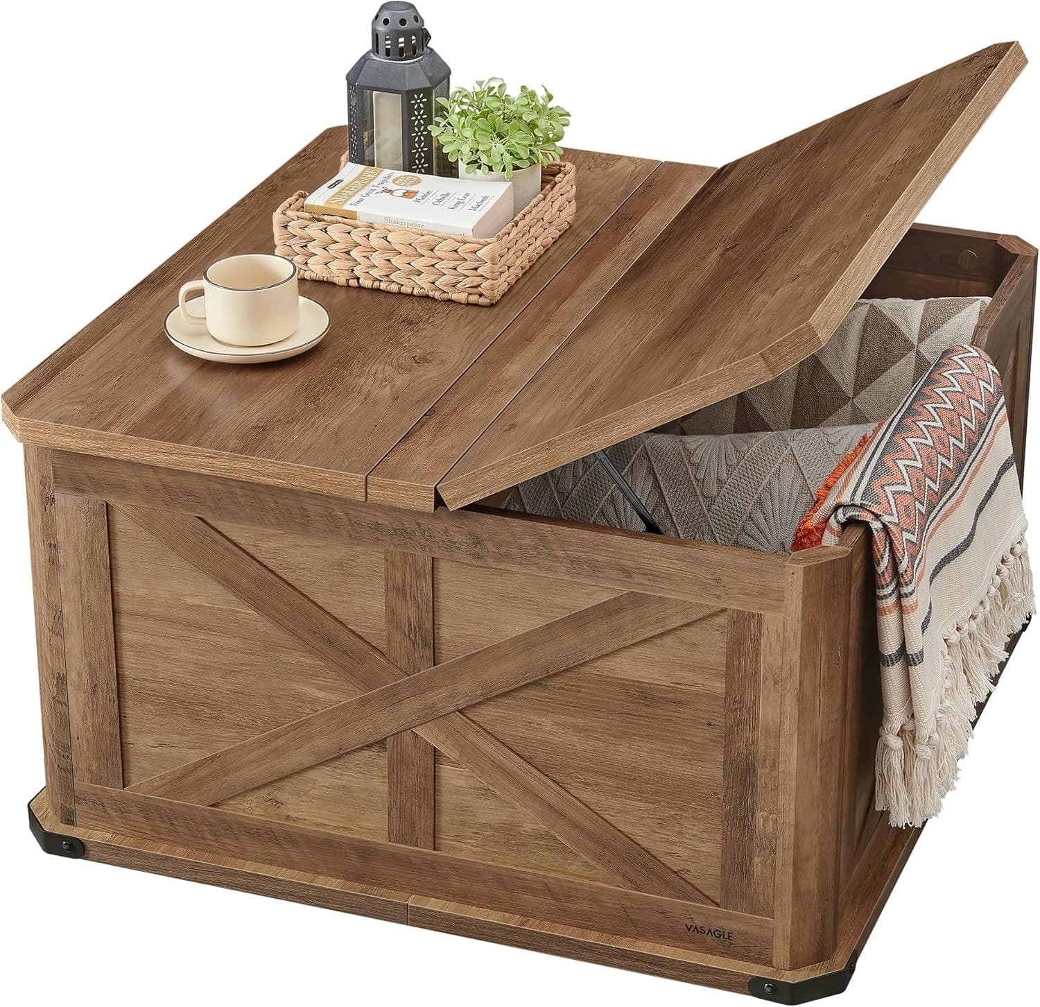 Songmics Home Brown Farmhouse Coffee Table with Butterfly Opening