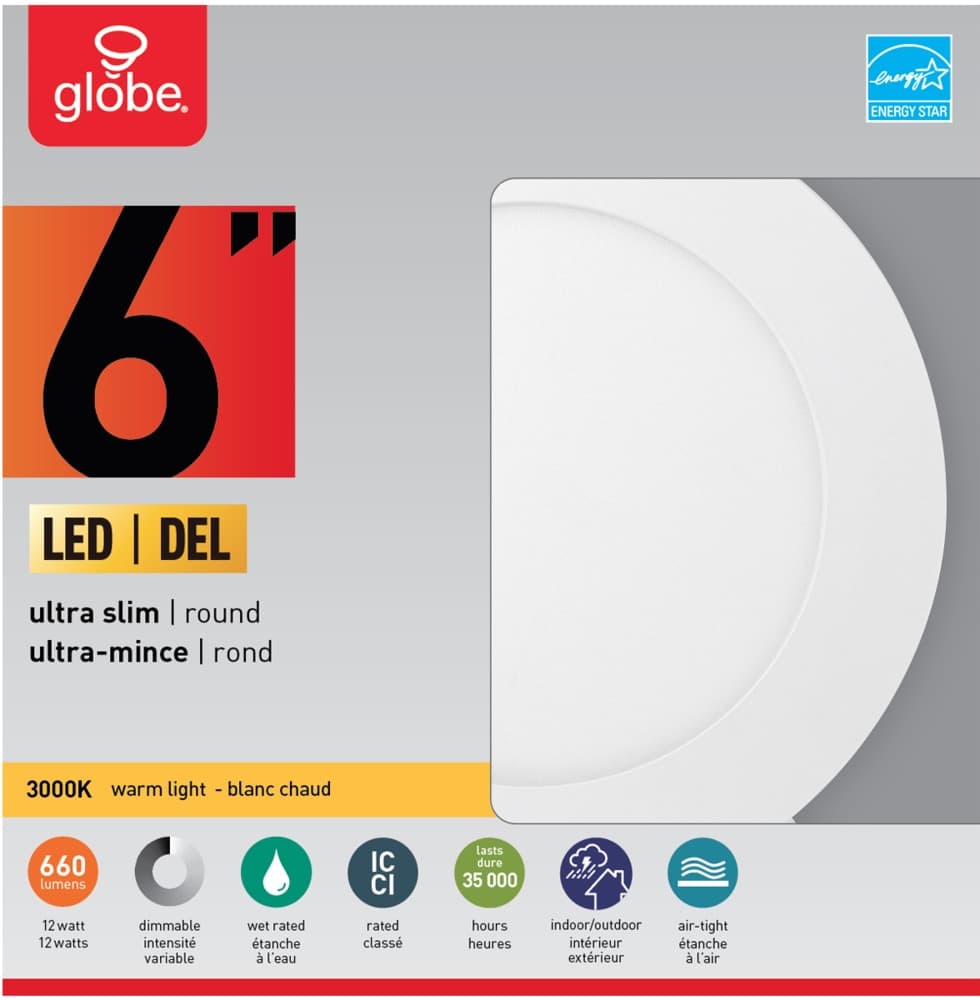Globe Electric Ultra-Slim Round LED Warm White Recessed Lighting Kit, 6-in, White Trim