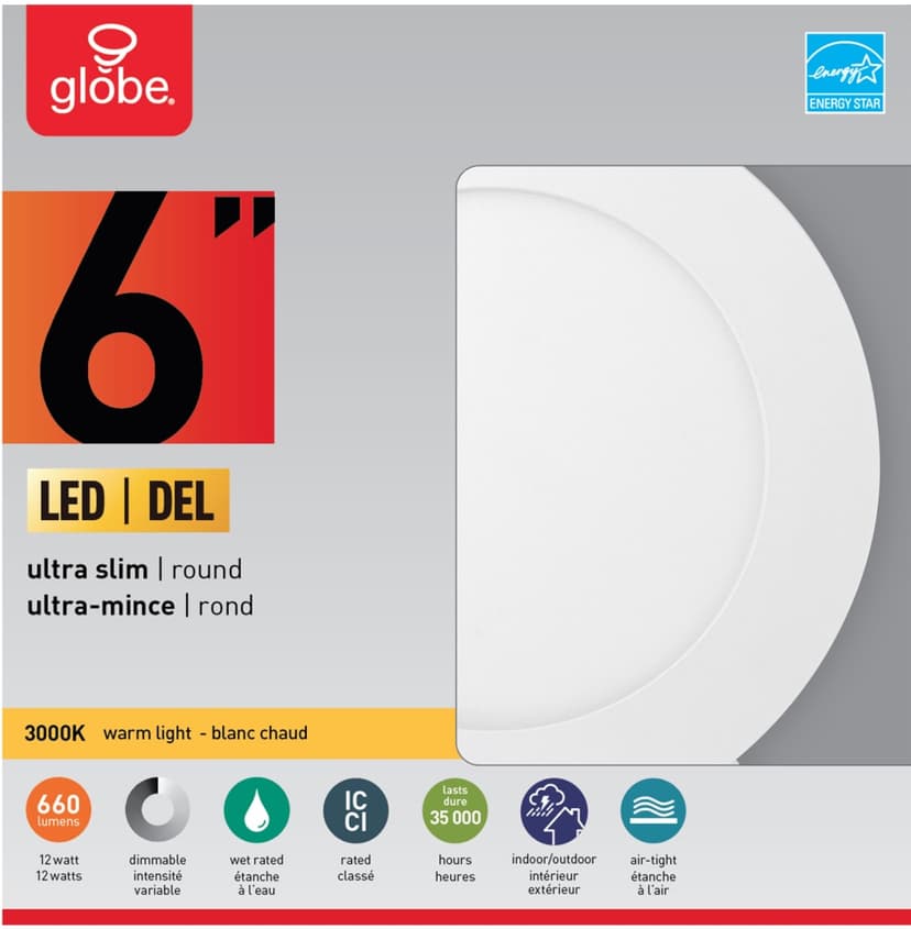 Globe Electric Ultra-Slim Round LED Warm White Recessed Lighting Kit, 6-in, White Trim