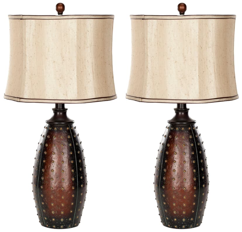 Safavieh Santa Fe Beige Silk Shade Faux-Leather Table Lamp Set, 28.5-in, Brown, 2-pk