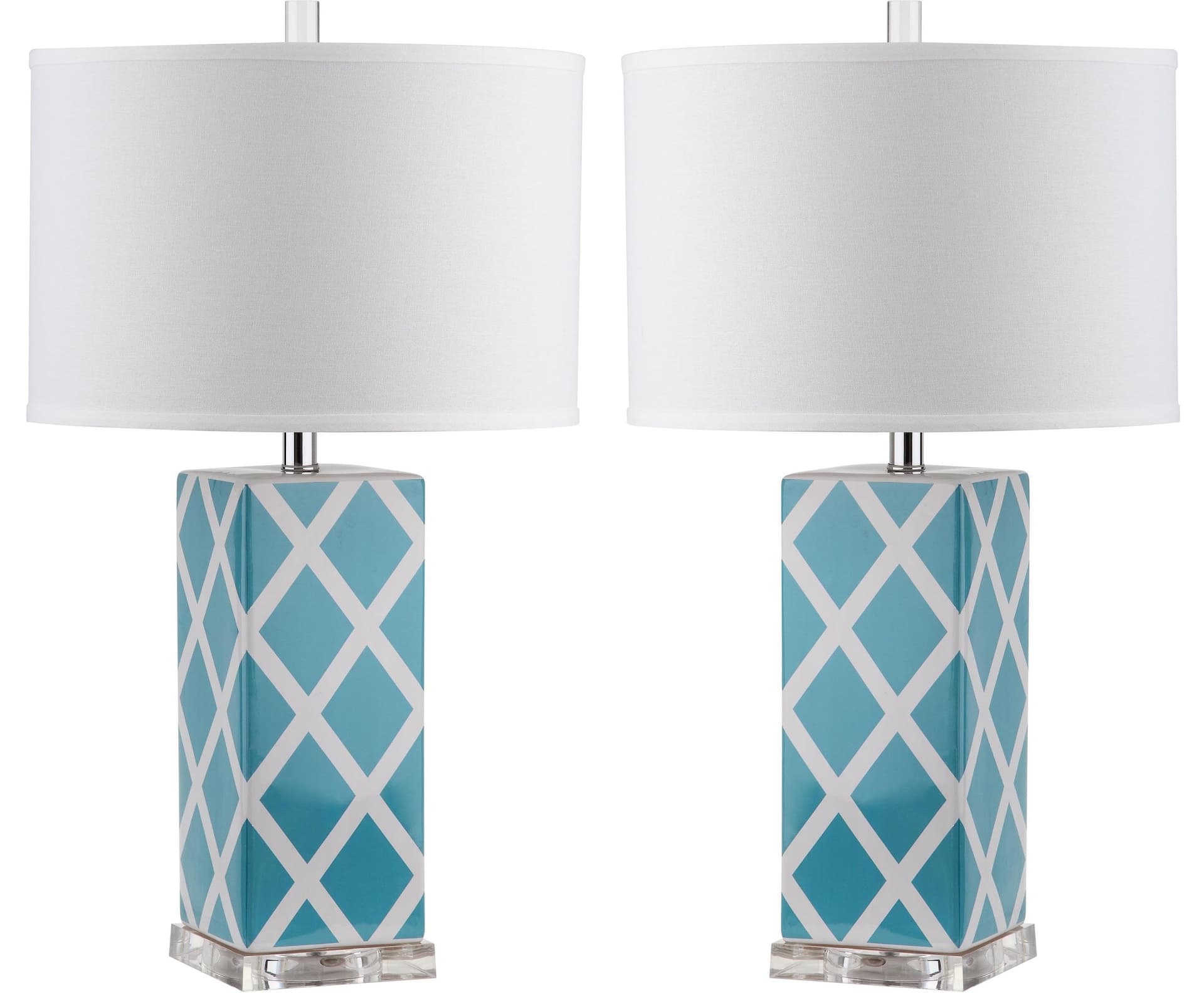 Safavieh Garden Lattice Cotton Hardback Drum Shade Ceramic Table Lamp Set, 27-in, Light Blue/Silver, 2-pk