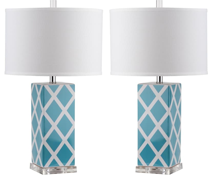 Safavieh Garden Lattice Cotton Hardback Drum Shade Ceramic Table Lamp Set, 27-in, Light Blue/Silver, 2-pk