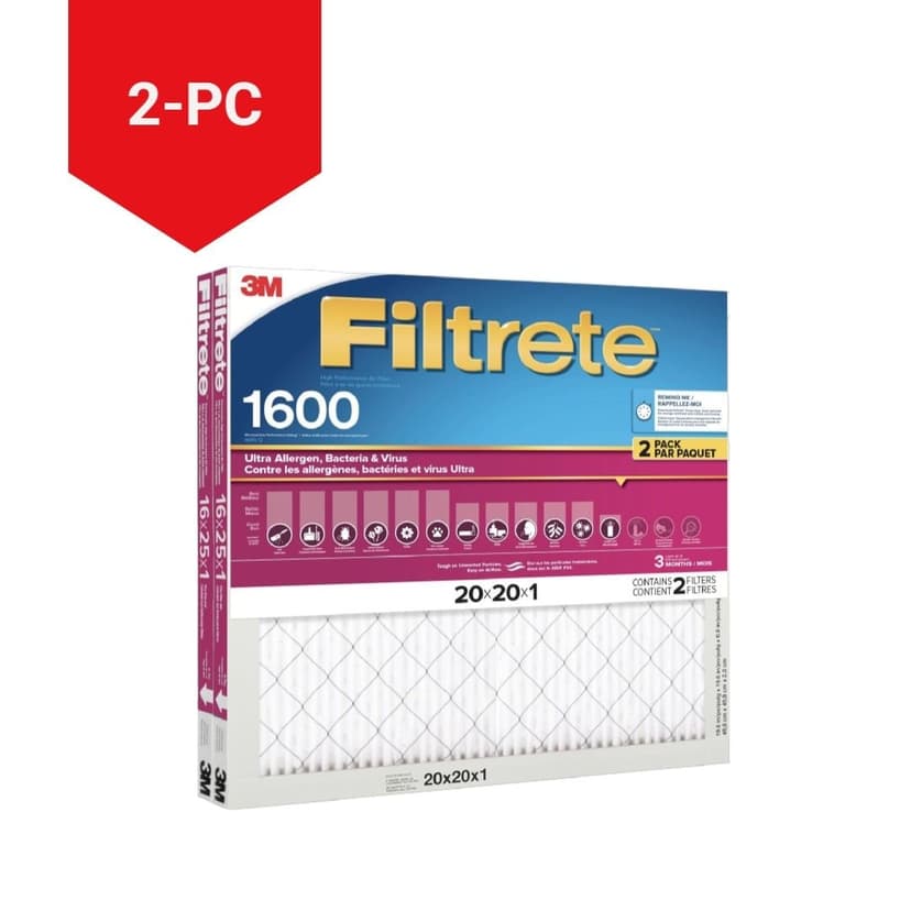 3M™ Filtrete™ Ultra Allergen, Bacteria & Virus, 1600MPR, 20 x 20 x 1-in, 2-pk