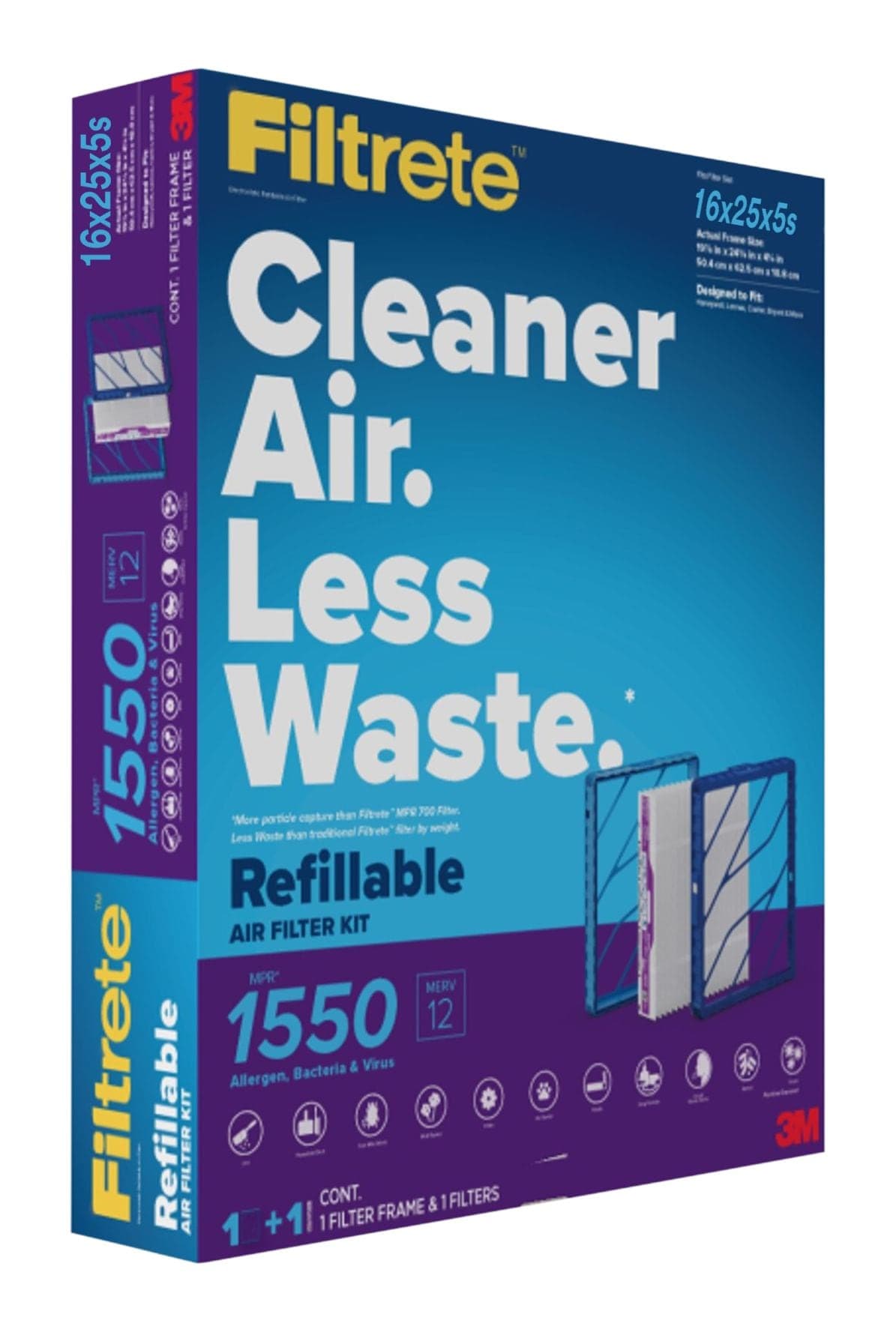Filtrete™ 3M™ MPR 1550 Refillable Deep Pleat AC Furnace Air Filter Starter Kit, Slim, 16x25x5-in