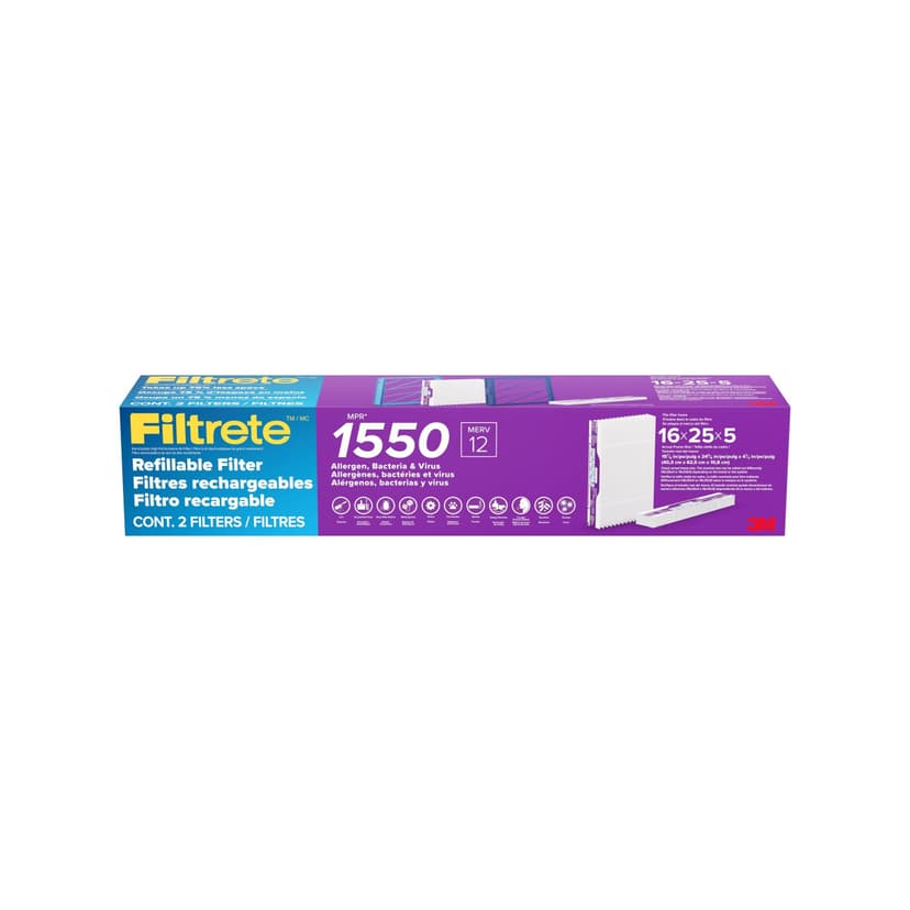 Filtrete™ 3M™ MPR 1550 Refillable Deep Pleat AC Furnace Air Filter, Slim, 16x25x5-in, 2-pk