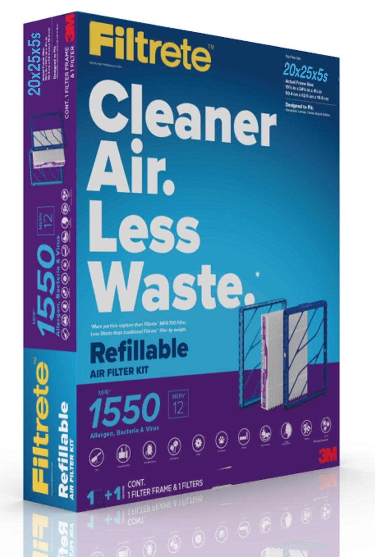 Filtrete™ 3M™ MPR 1550 Refillable Deep Pleat AC Furnace Air Filter Starter Kit, Slim, 20x25x5-in