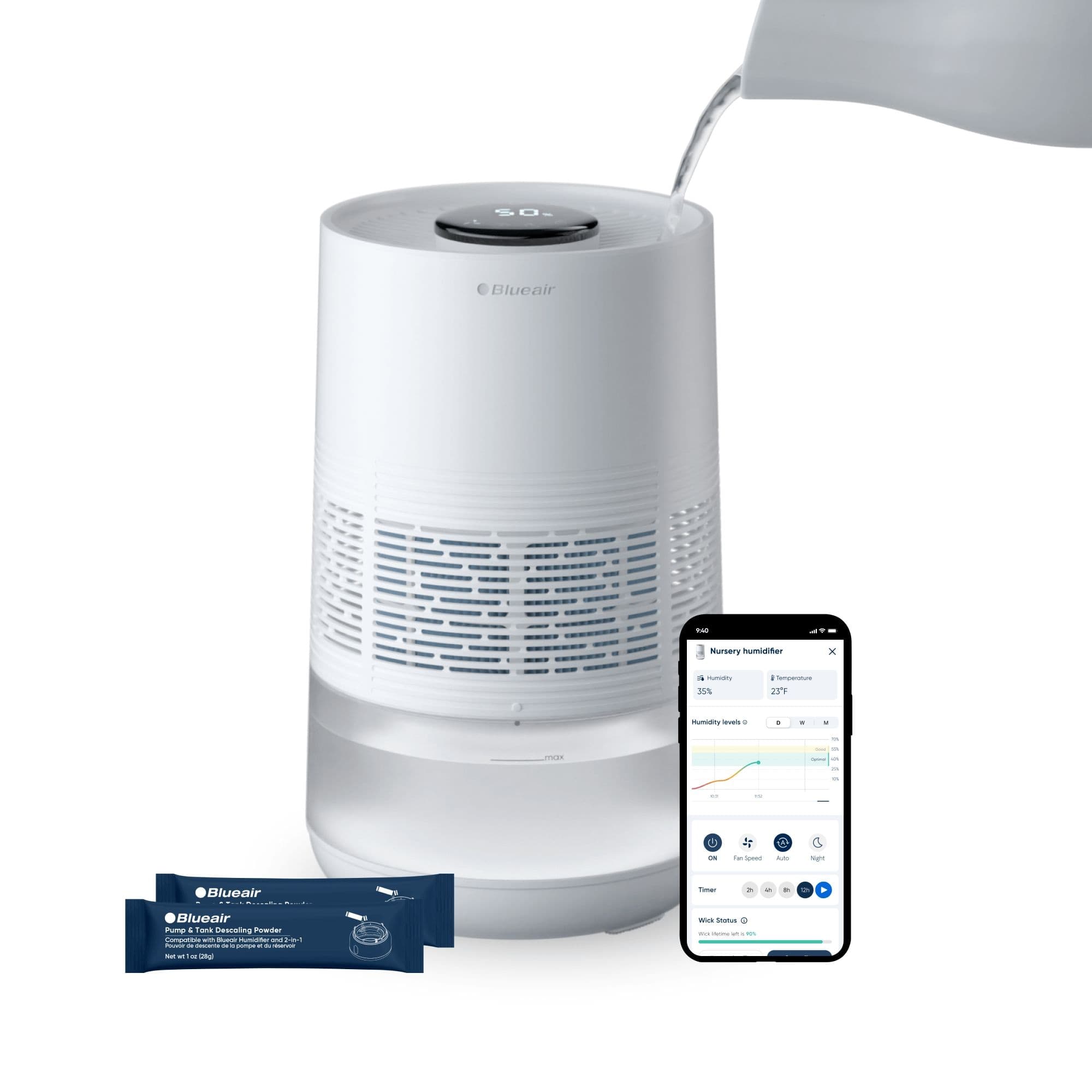 Blueair InvisibleMist Evaporative Smart Top Fill Air Humidifier for Large Rooms, White
