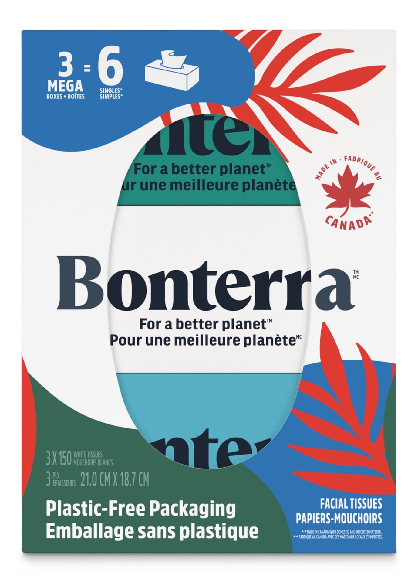 Bonterra™ Facial Tissue, 3-ply, 150 Sheets, 3-pk