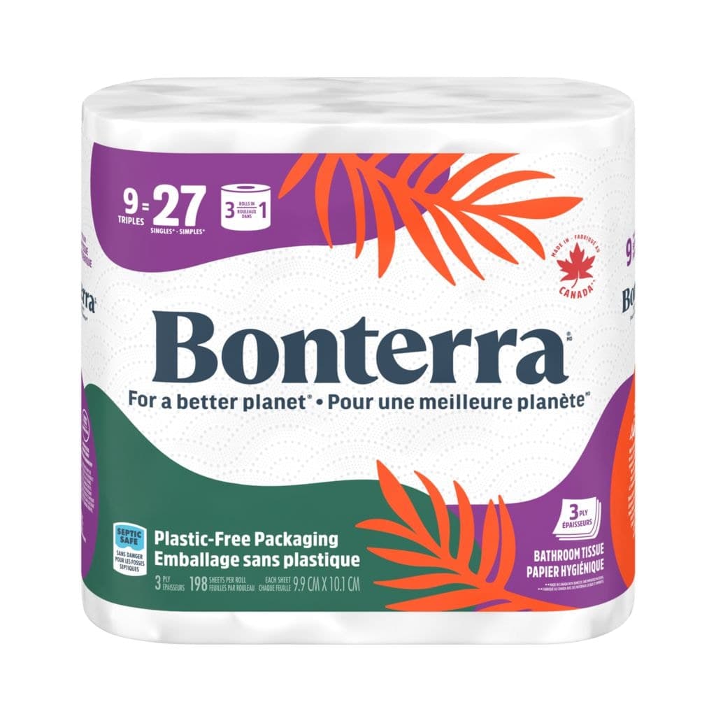 Bonterra Triple Roll Bathroom Toilet Paper, 3-Ply Tissue, Septic-Safe, 9-pk