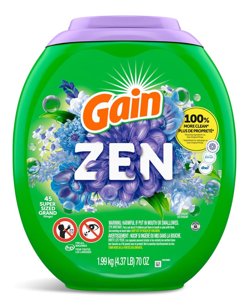 Gain Super Flings Zen Laundry Detergent Soap Pacs with Oxi Boost & Febreze Odour Remover, 45-Count, Zen Scent