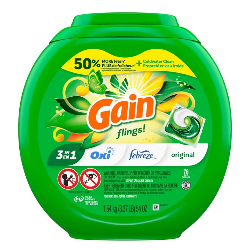 Gain flings! Laundry Detergent Soap Pacs with Oxi Boost & Febreze Odour Remover, Original Scent, 76-pk