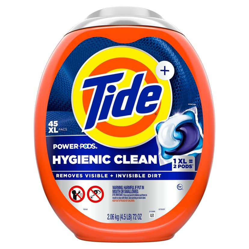 Tide Power PODS Hygienic Clean Heavy Duty 10x Liquid Laundry Detergent Soap Pacs, Original, 45-pk