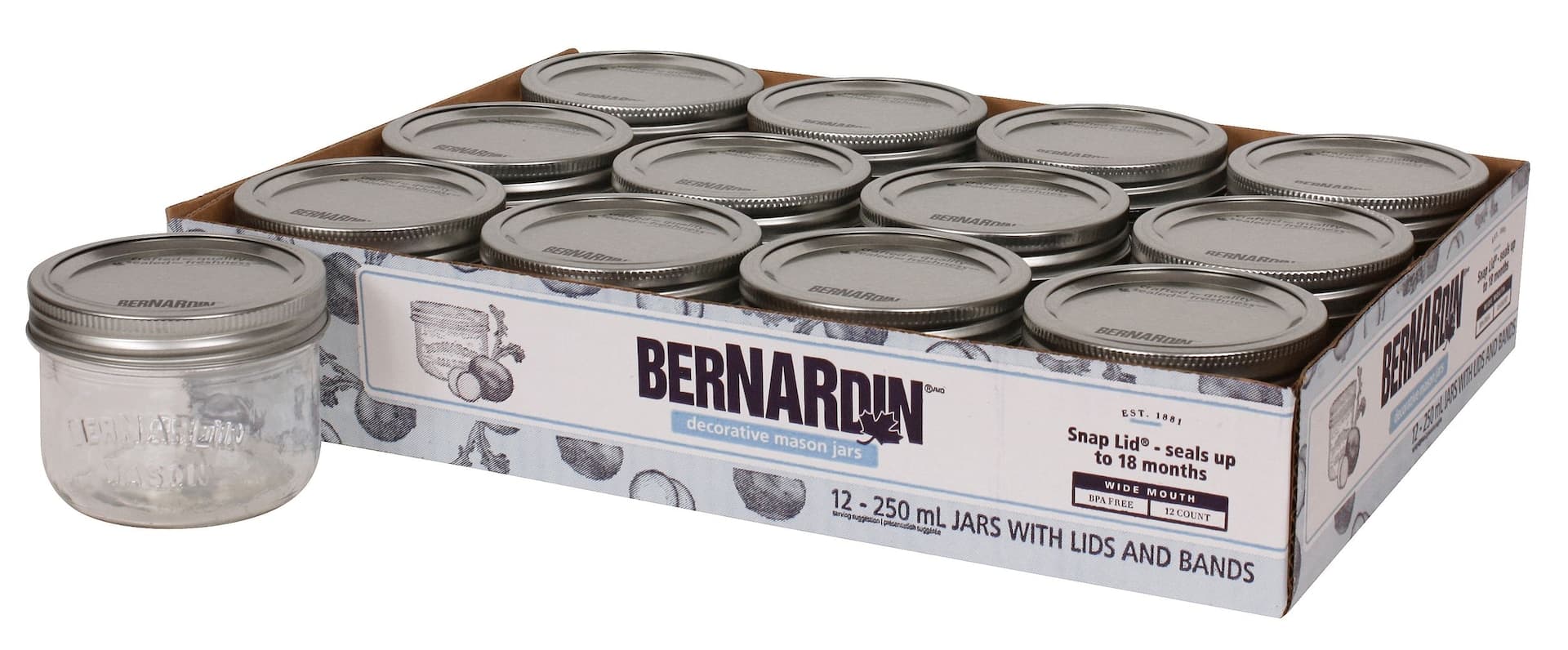 Bernardin Wide Mouth Decorative Glass Mason Jars with Snap Lids and Bands, 250 mL, 12 Count
