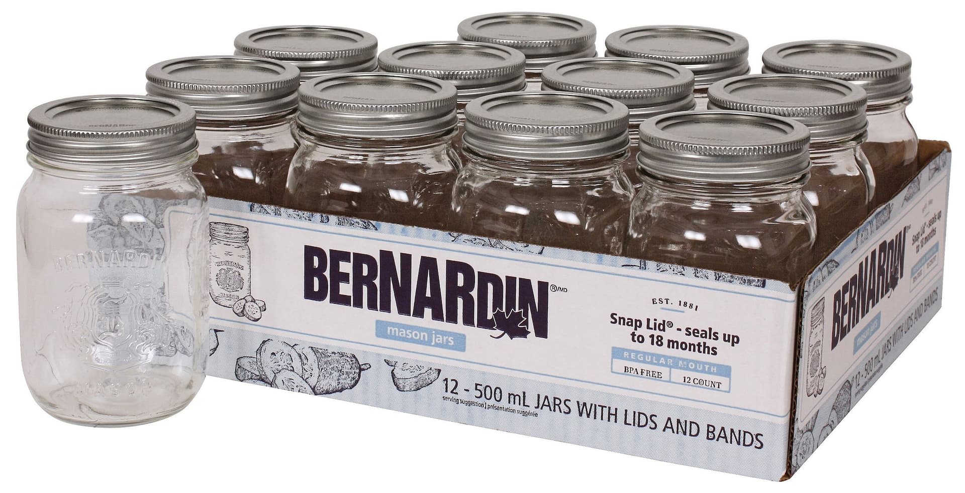 Bernardin Regular Mouth Glass Mason Jars with Snap Lids, 500 mL, 12 Count