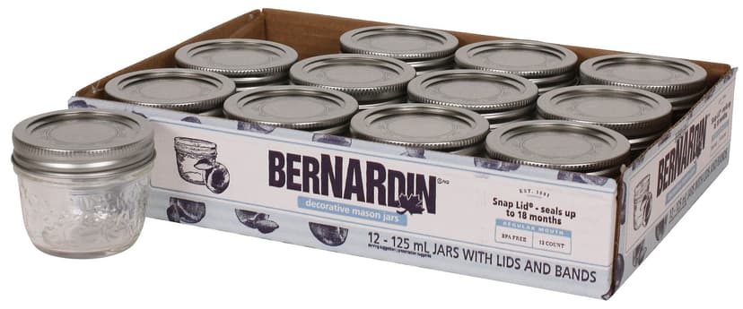 Bernardin Regular Mouth Decorative Glass Mason Jars with Snap Lids, 125 mL, 12 Count