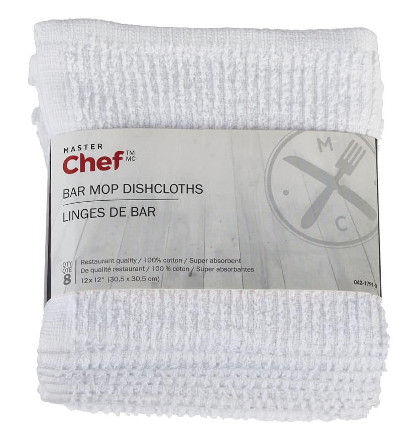 MASTER Chef Terry Cotton Bar Mop Dishcloths, 16-in x 19-in, White, Reusable, 4-pk