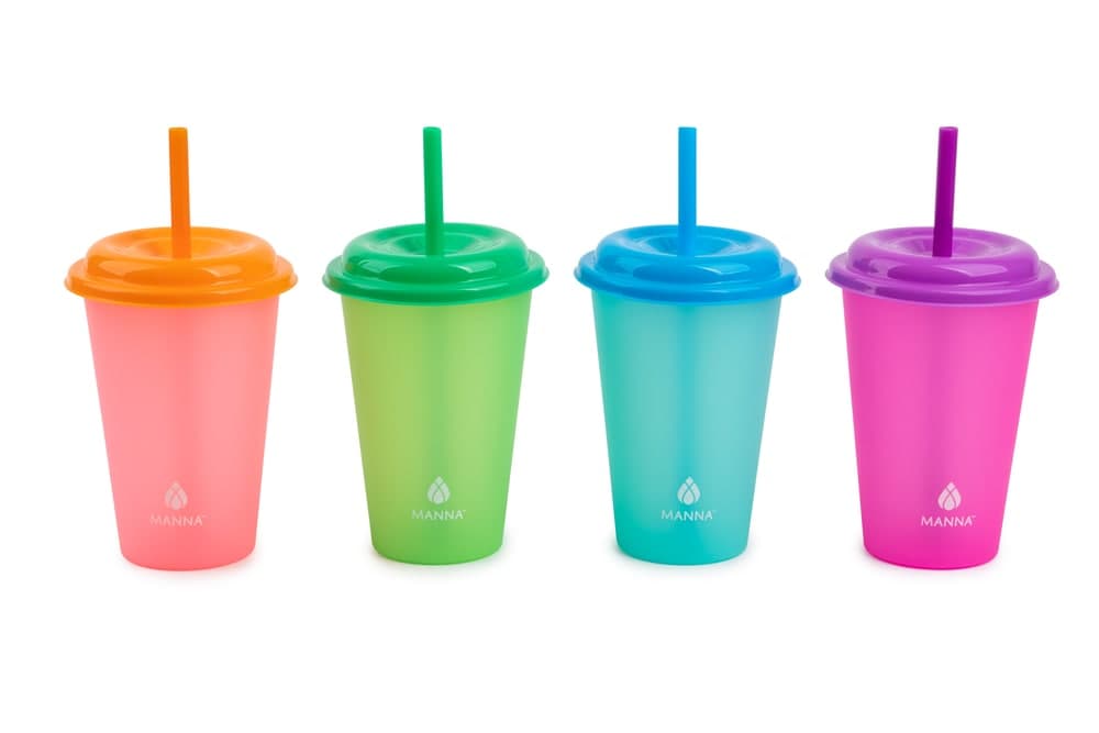 Manna Plastic Colour Changing Cups with Straws & Lids, 12-oz, 4-pk, Assorted Colours