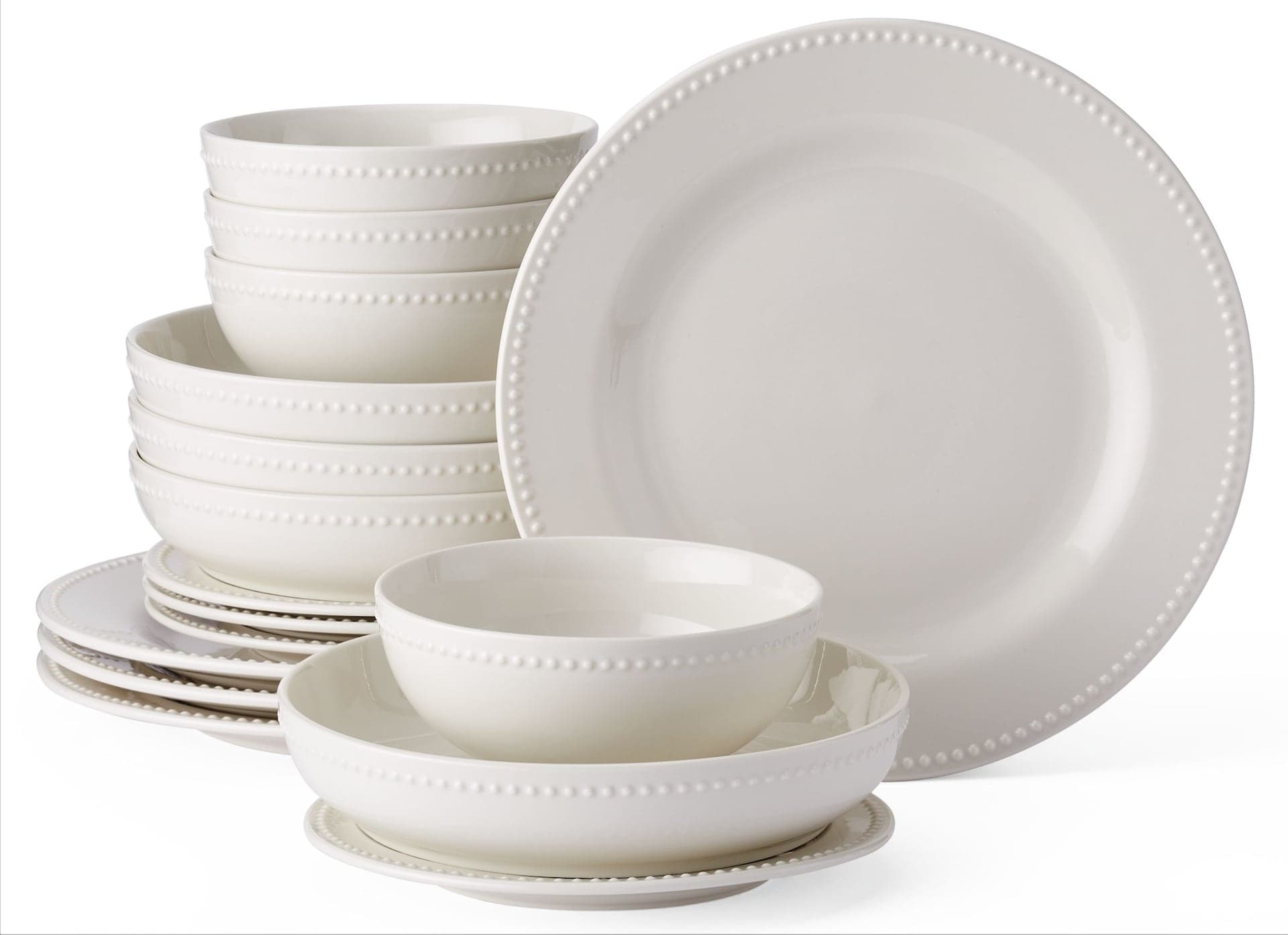CANVAS Whitworth Beaded Rim Porcelain Dinnerware Set, Serves 4, 16-pc, White