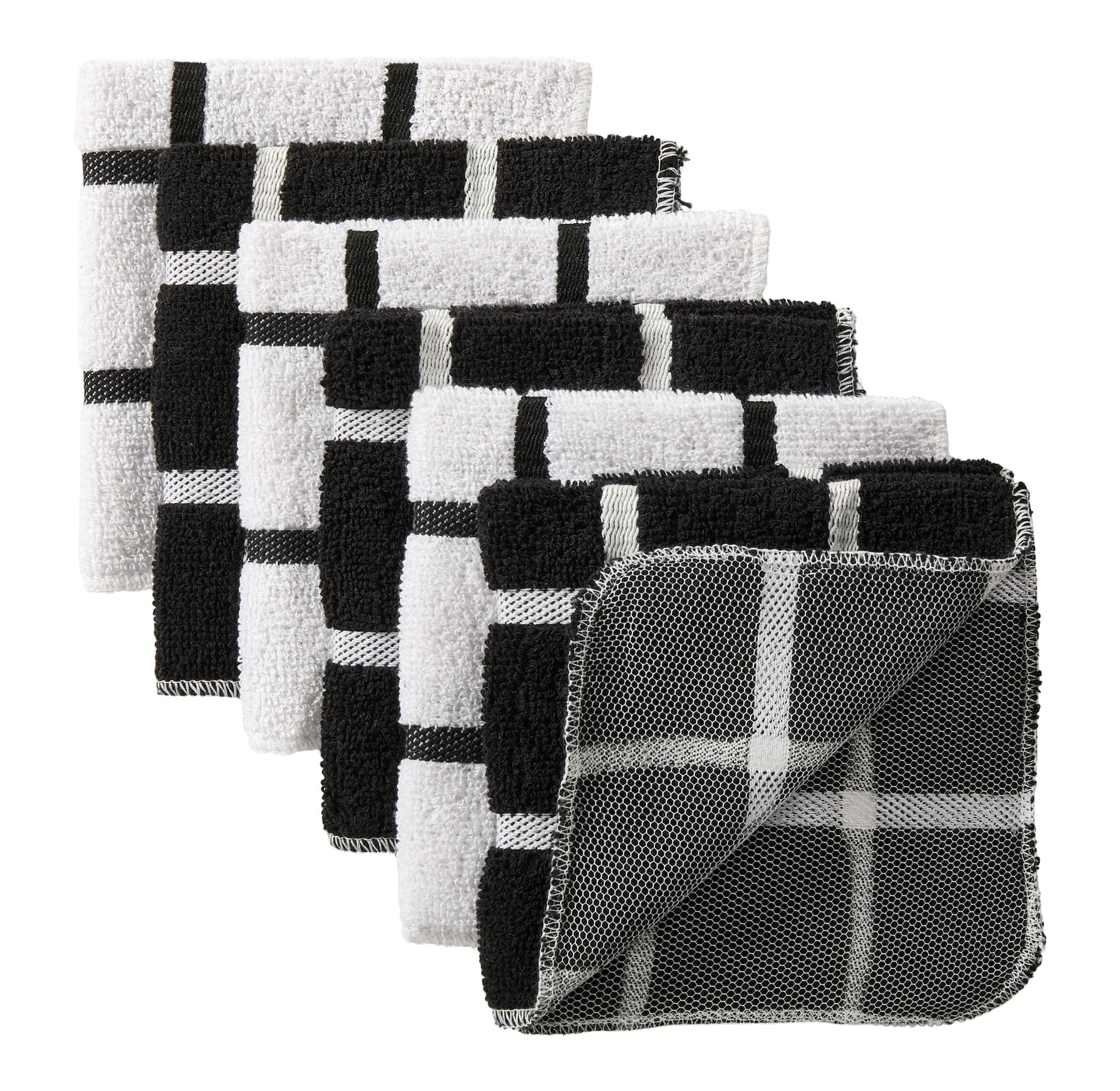 Master Chef Terry Checkered Dish Cloths with Scrubber, Black, 6-pk