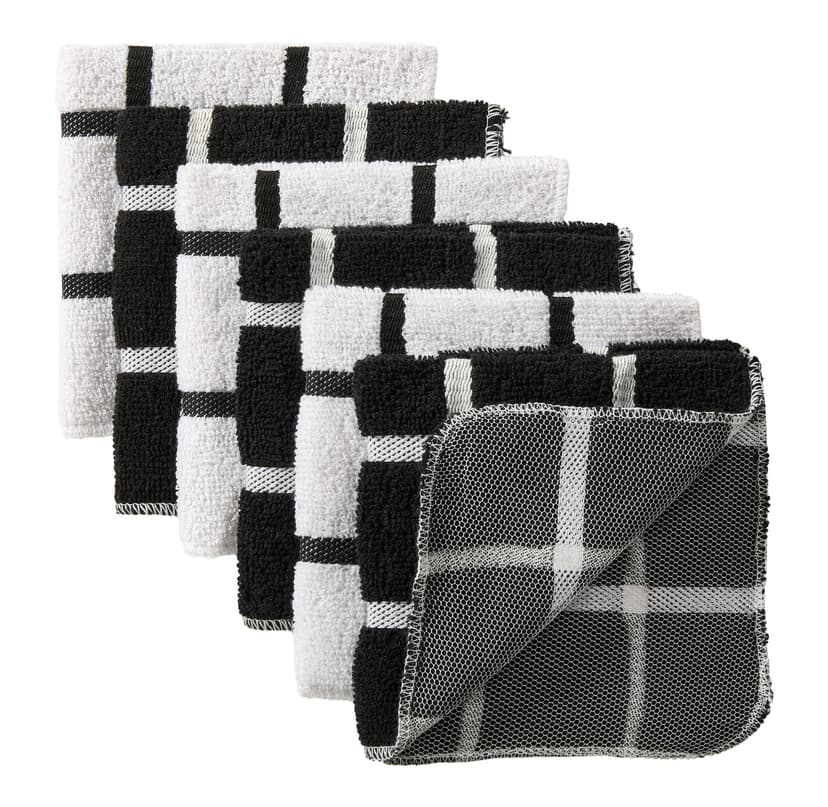 Master Chef Terry Checkered Dish Cloths with Scrubber, Black, 6-pk