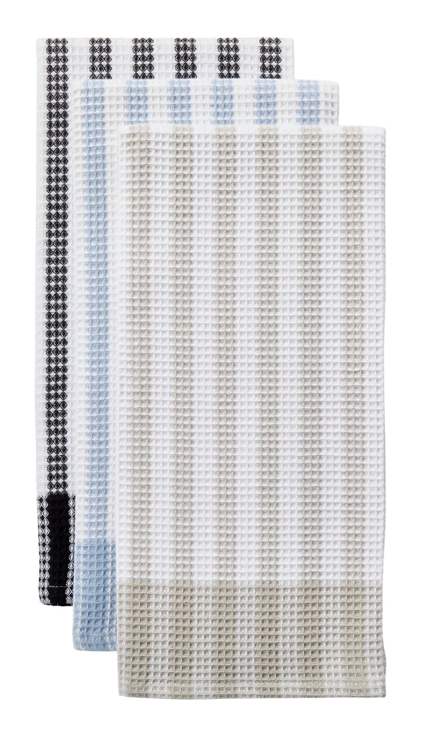 Master Chef Waffle Checkered Cotton Kitchen Towels, Black/Grey/Blue, 20-in x 30-in, 6-pk
