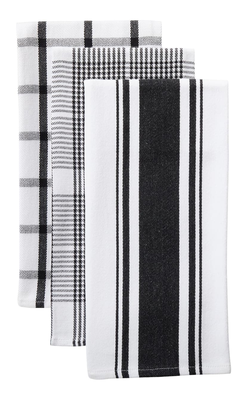 Master Chef Plaid Patterned Cotton Twill Tea Towels, Black, 20-in x 28-in, 3-pk