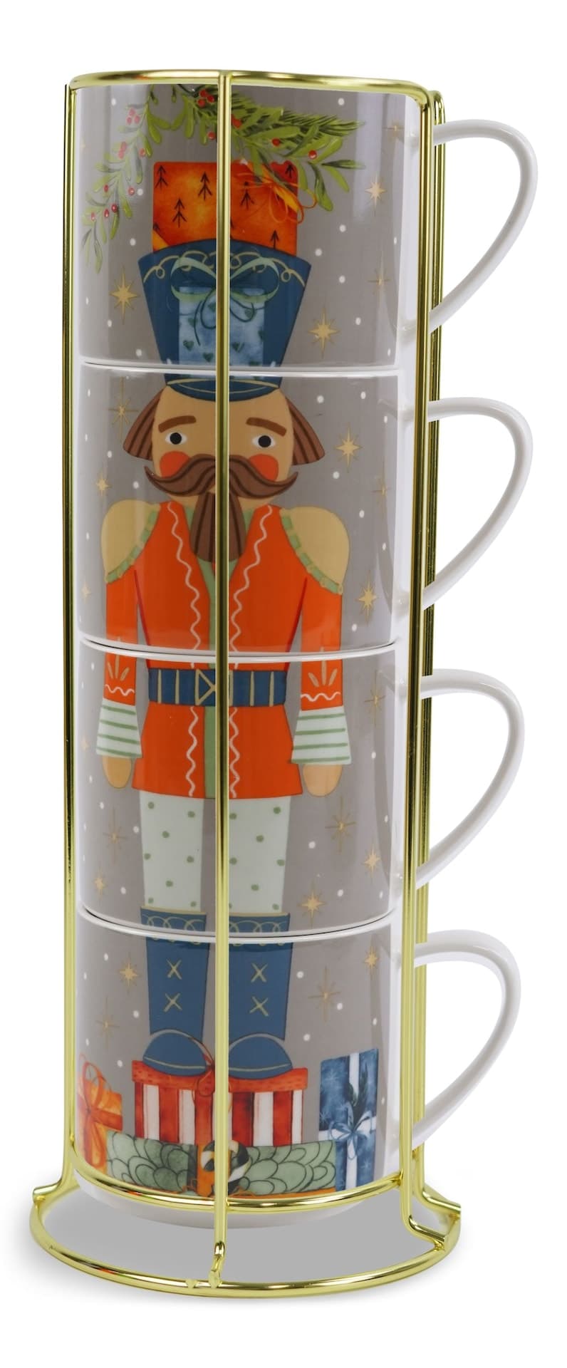 Ivy & Co Nutcracker Christmas Stacking Mug Set with Rack, 4-pk