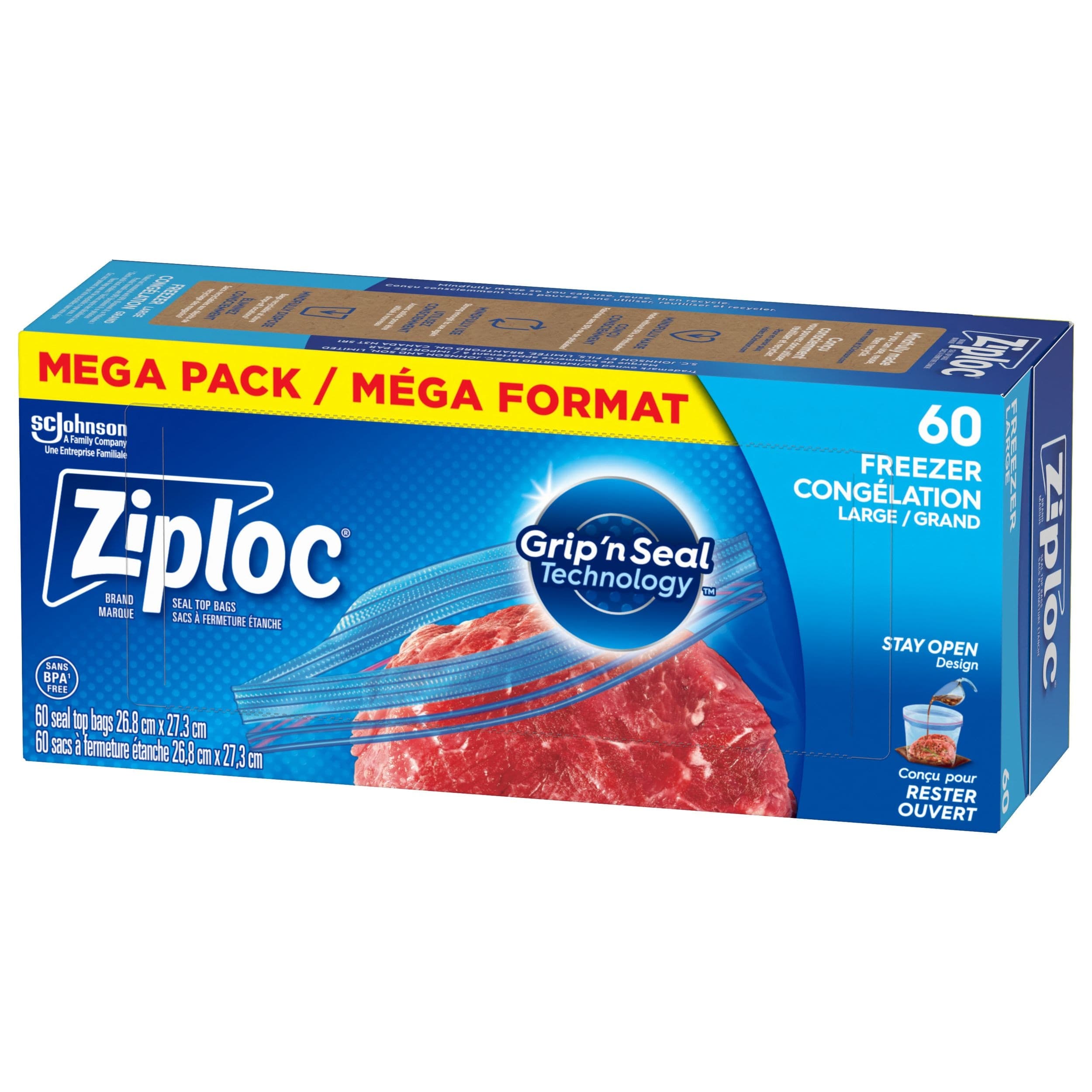 Ziploc Large Plastic Freezer Bags Mega Pack, 760-mL, 60-pk