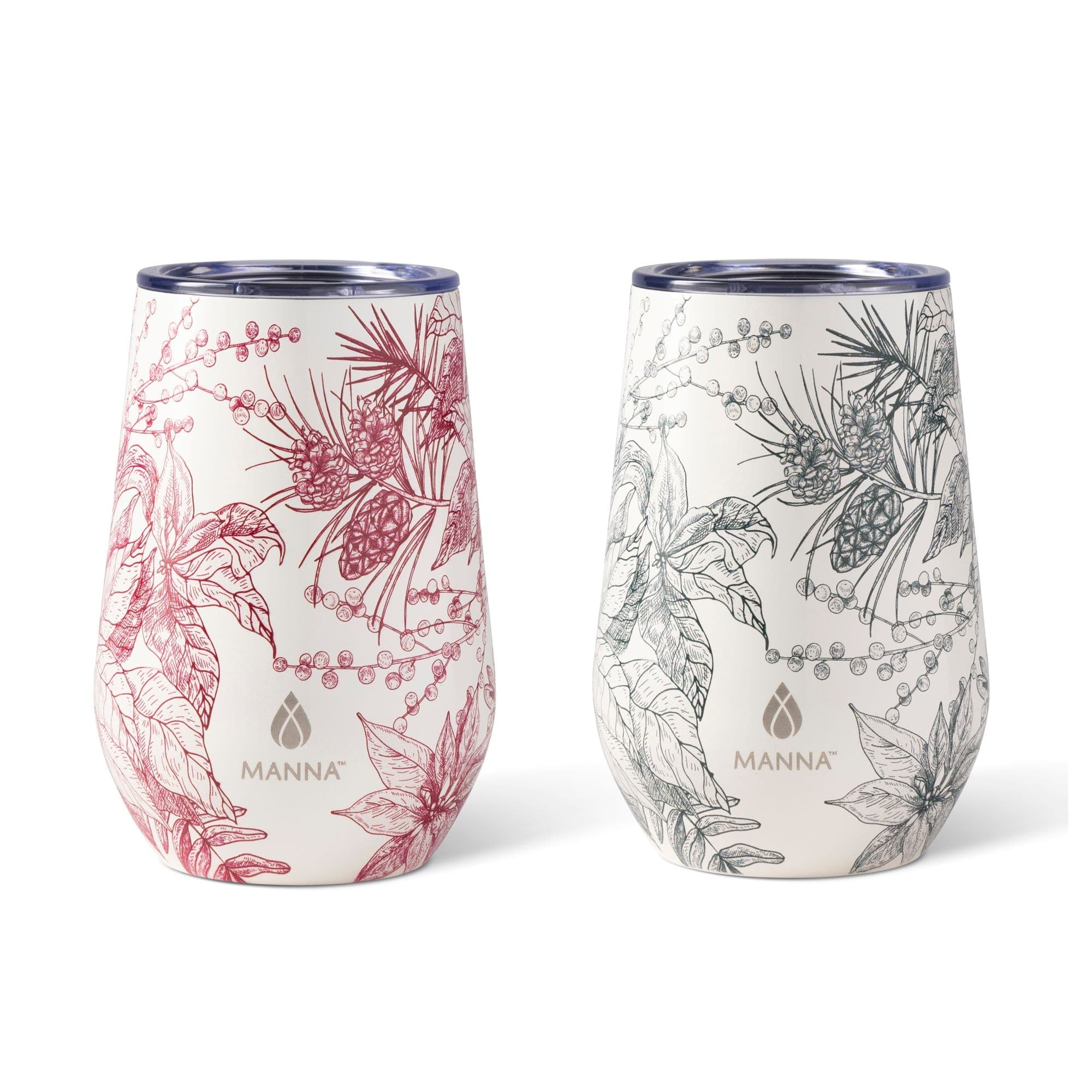 Manna Insulated Stainless Steel Wine Tumbler with Lid, Red & Green Foliage Holiday Set, 12-oz, 2-pc