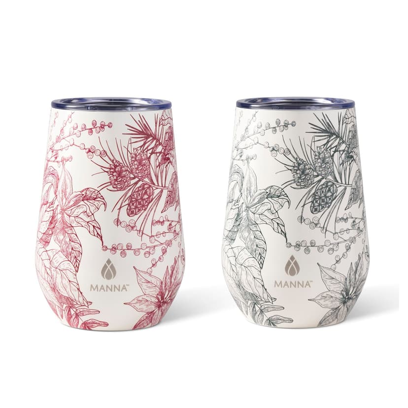 Manna Insulated Stainless Steel Wine Tumbler with Lid, Red & Green Foliage Holiday Set, 12-oz, 2-pc