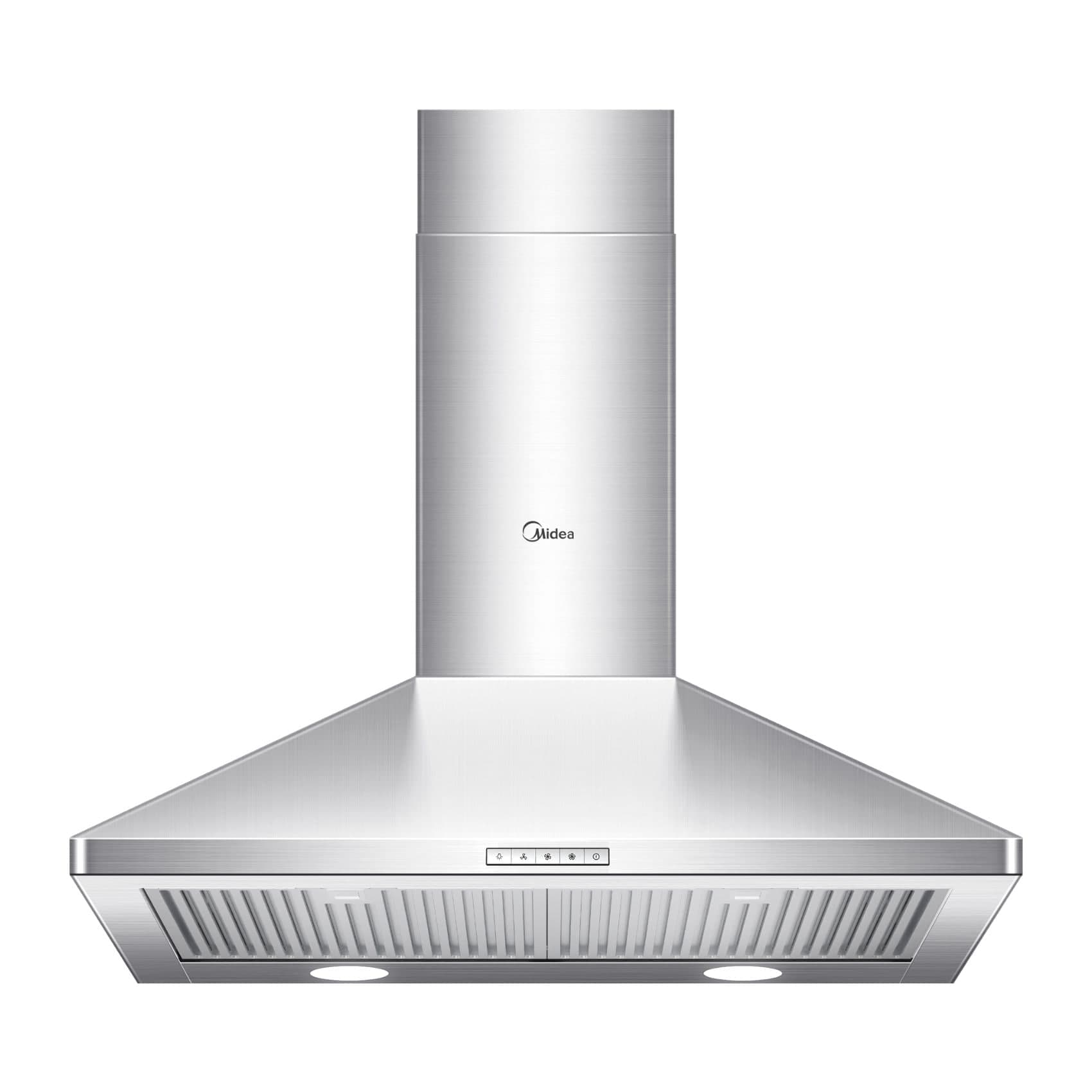 Midea Pyramid 450CFM Push Button Wall Mount Kitchen Exhaust Fan Range Hood, Stainless Steel, 30-in