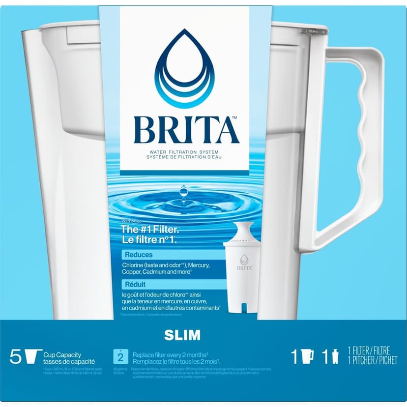 Brita Slim Water Filter Pitcher with Standard Filter, BPA Free, 5 Cup, White