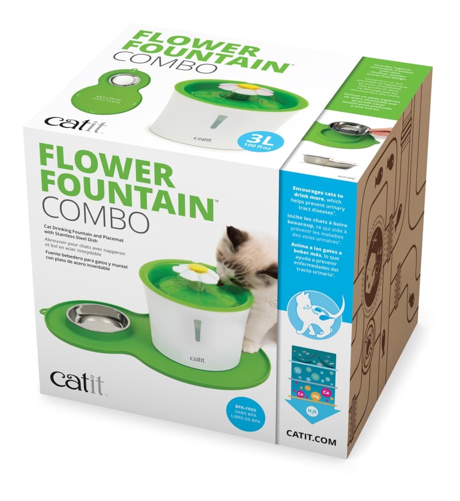 Catit Flower Cat Water Fountain, Combo Pack with Mat and Stainless Steel Bowl, 3-L, Green