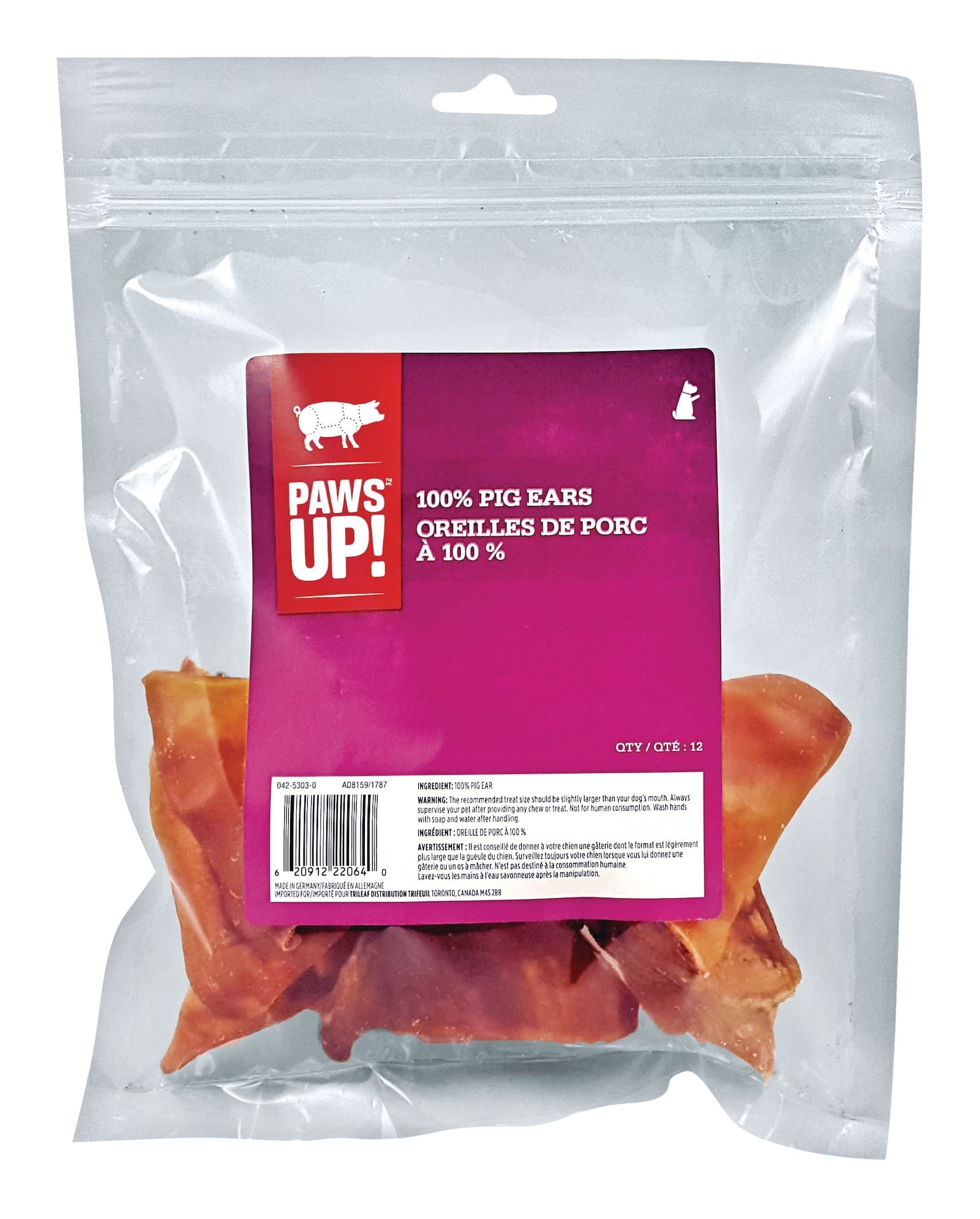 PAWS UP! Pig Ear Dog Chew Treats, 12-Pk, 500-g