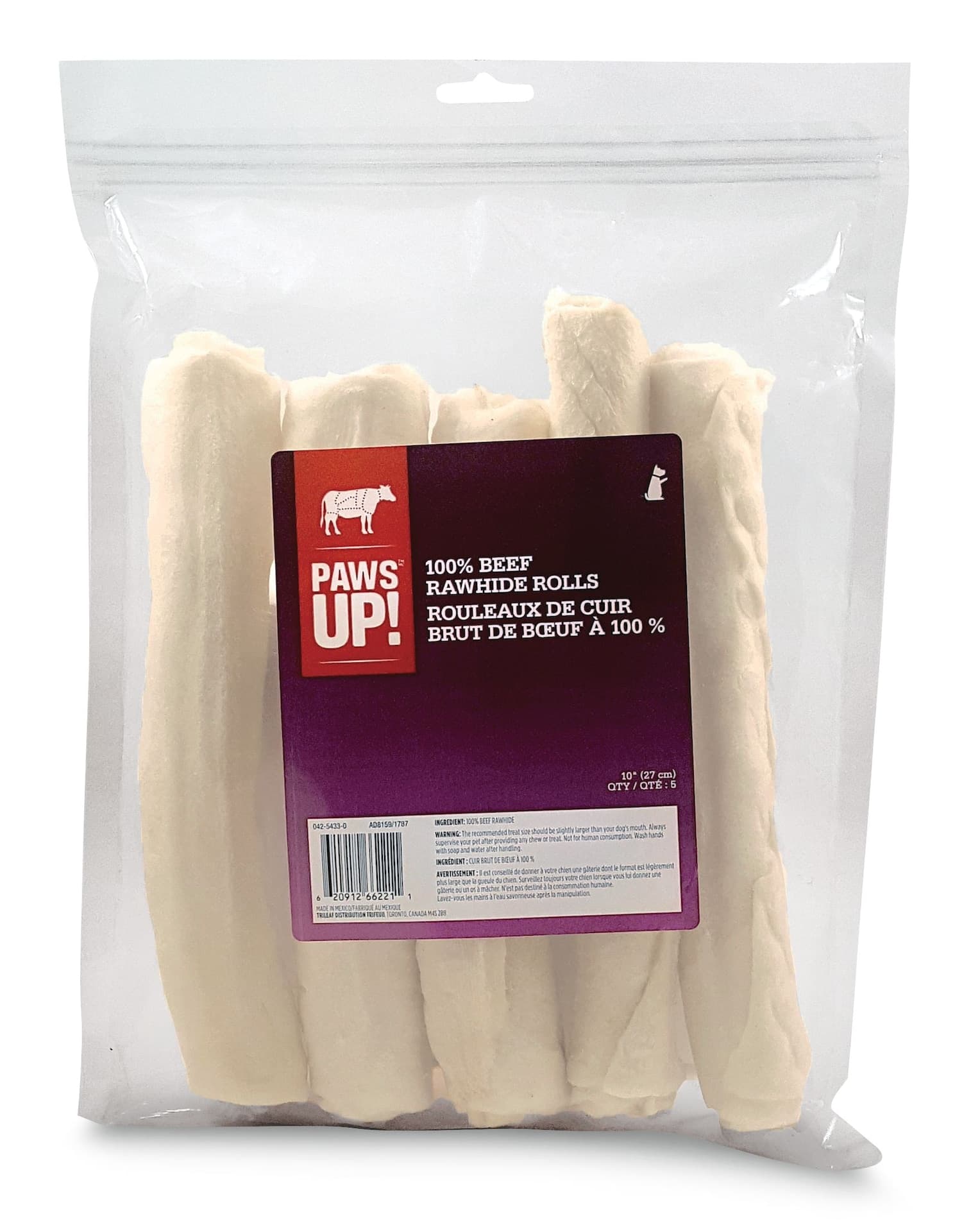 PAWS UP! Beef Rawhide Rolls Dog Treats, 10-in, 5-Pk, 530-g