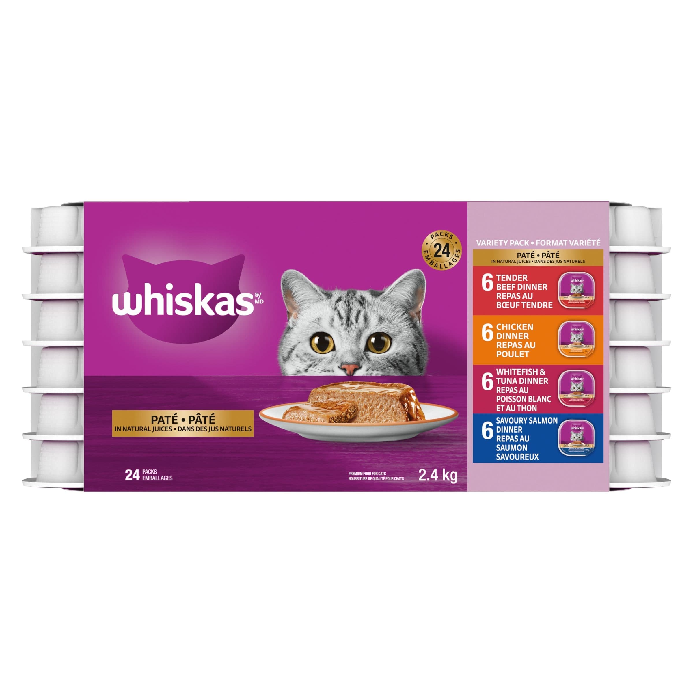 Whiskas Recloseable Trays Variety Pack Wet Cat Food, 2.4-kg, 24-Pk