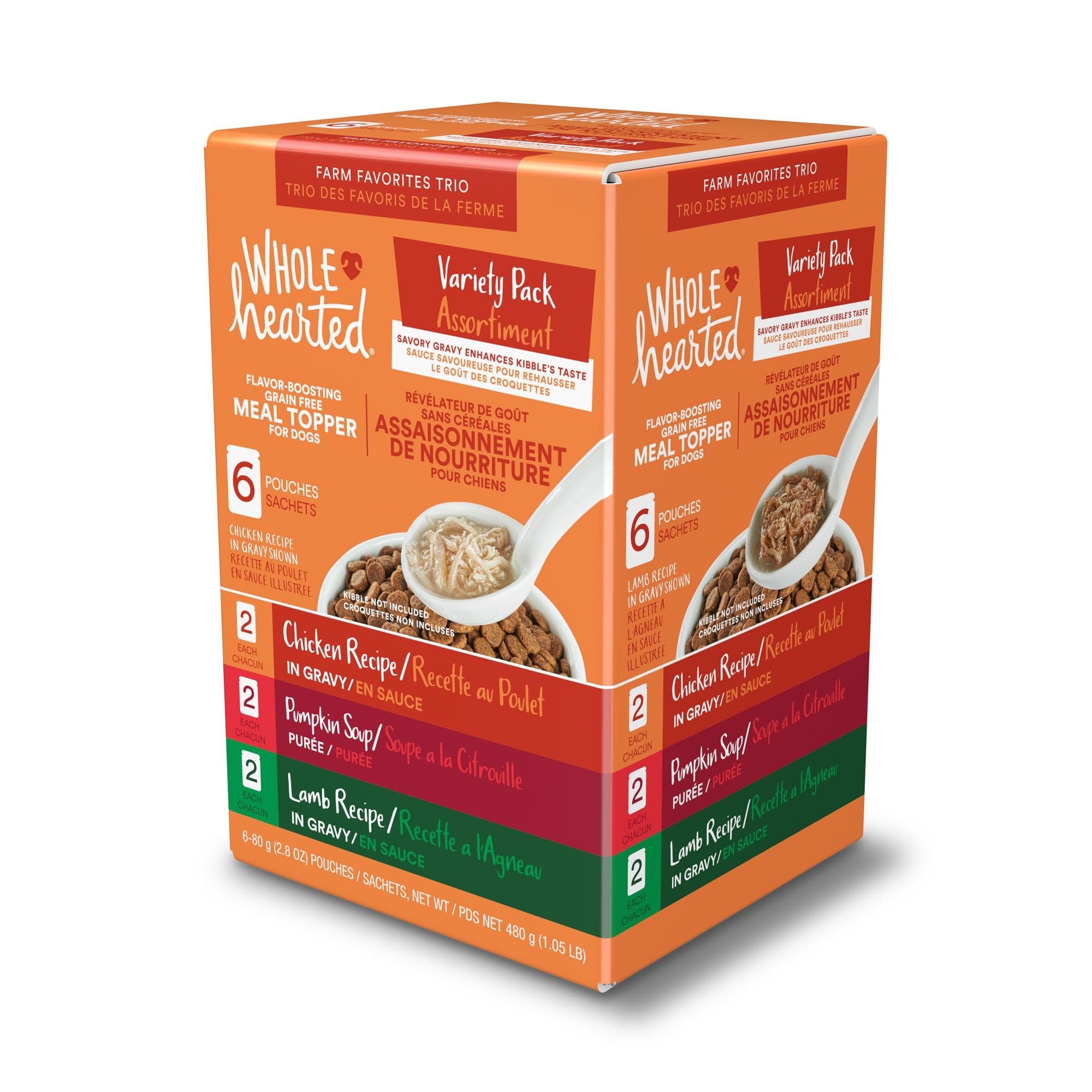 WholeHearted Grain-Free Farm Favorites Trio Gravy Puree Dog Meal Food Topper Variety Pack, 6-pk x 80-g